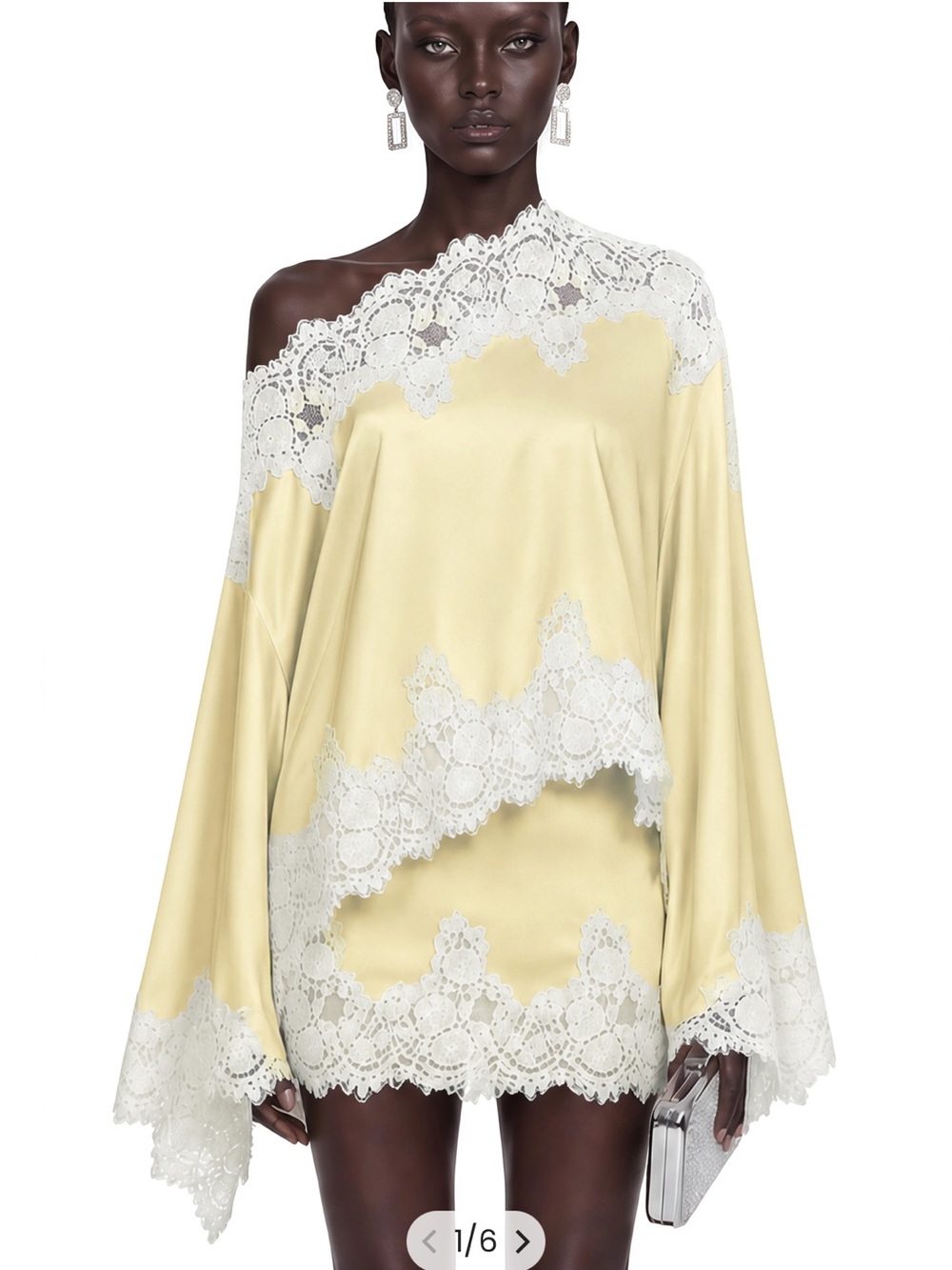 Sophia One-Shoulder Lace-Trim Satin Chemise in Pale Yellow